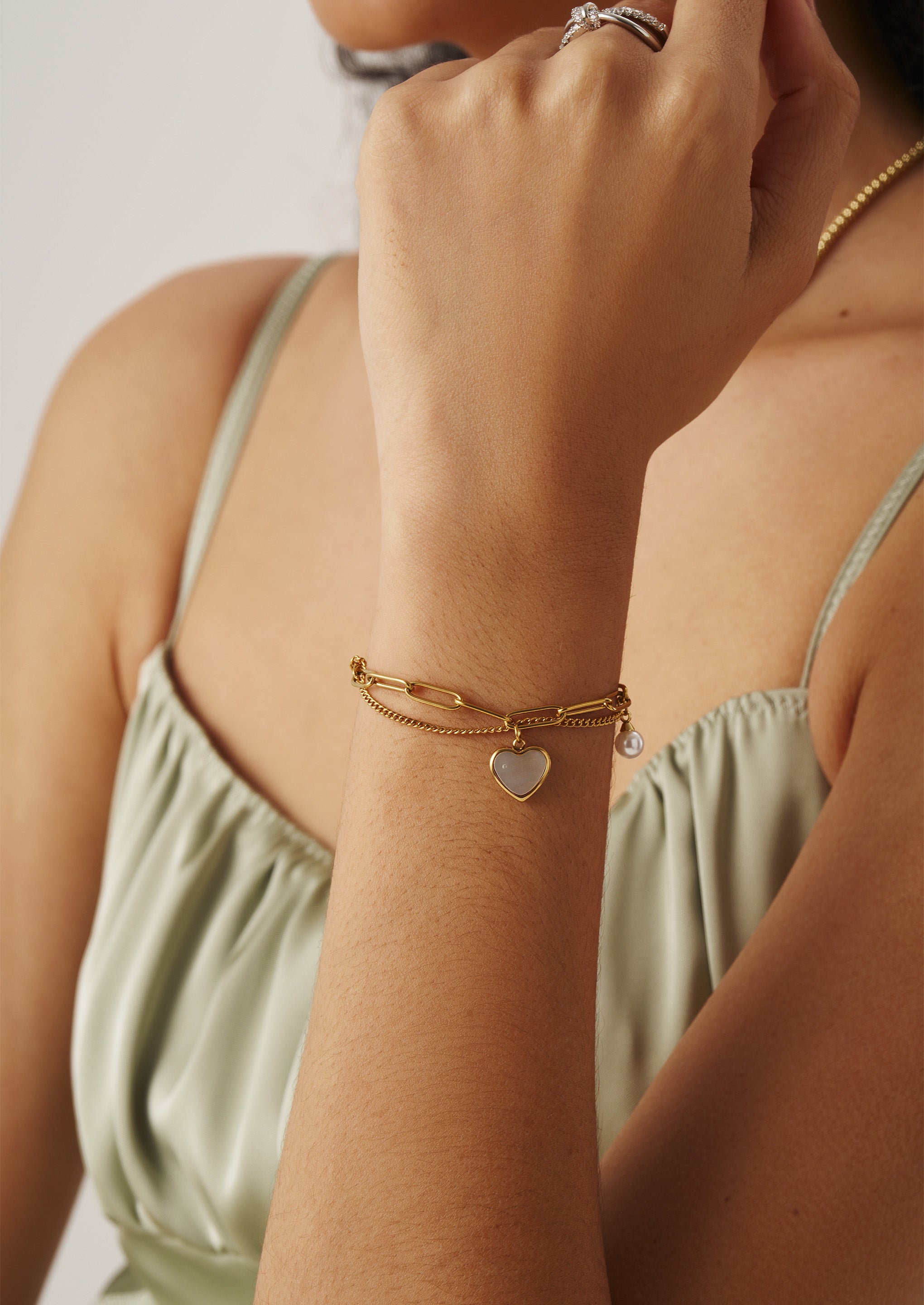 Heart Pearl Double Chain Bracelet
