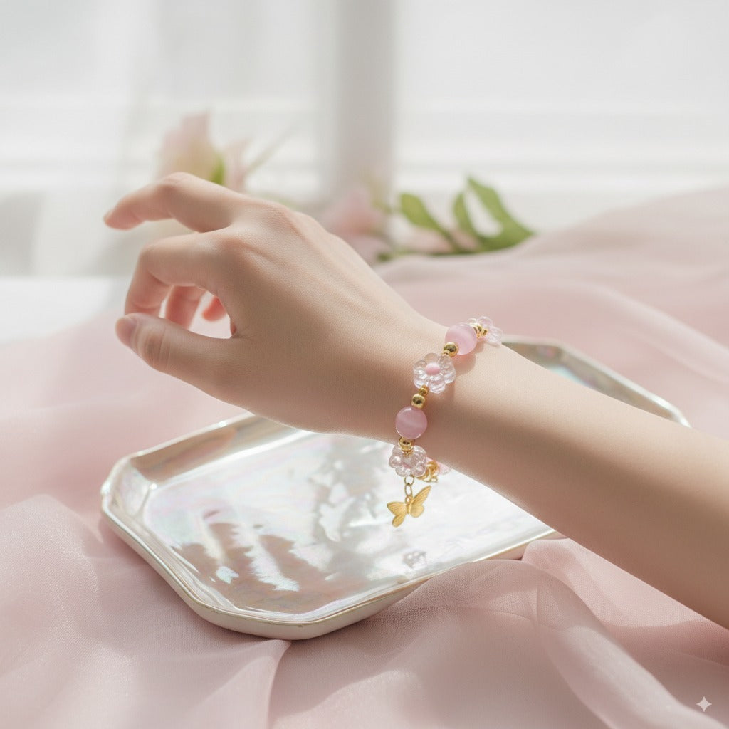 Pink cat's eye stone & alloy gold-plated & acrylic