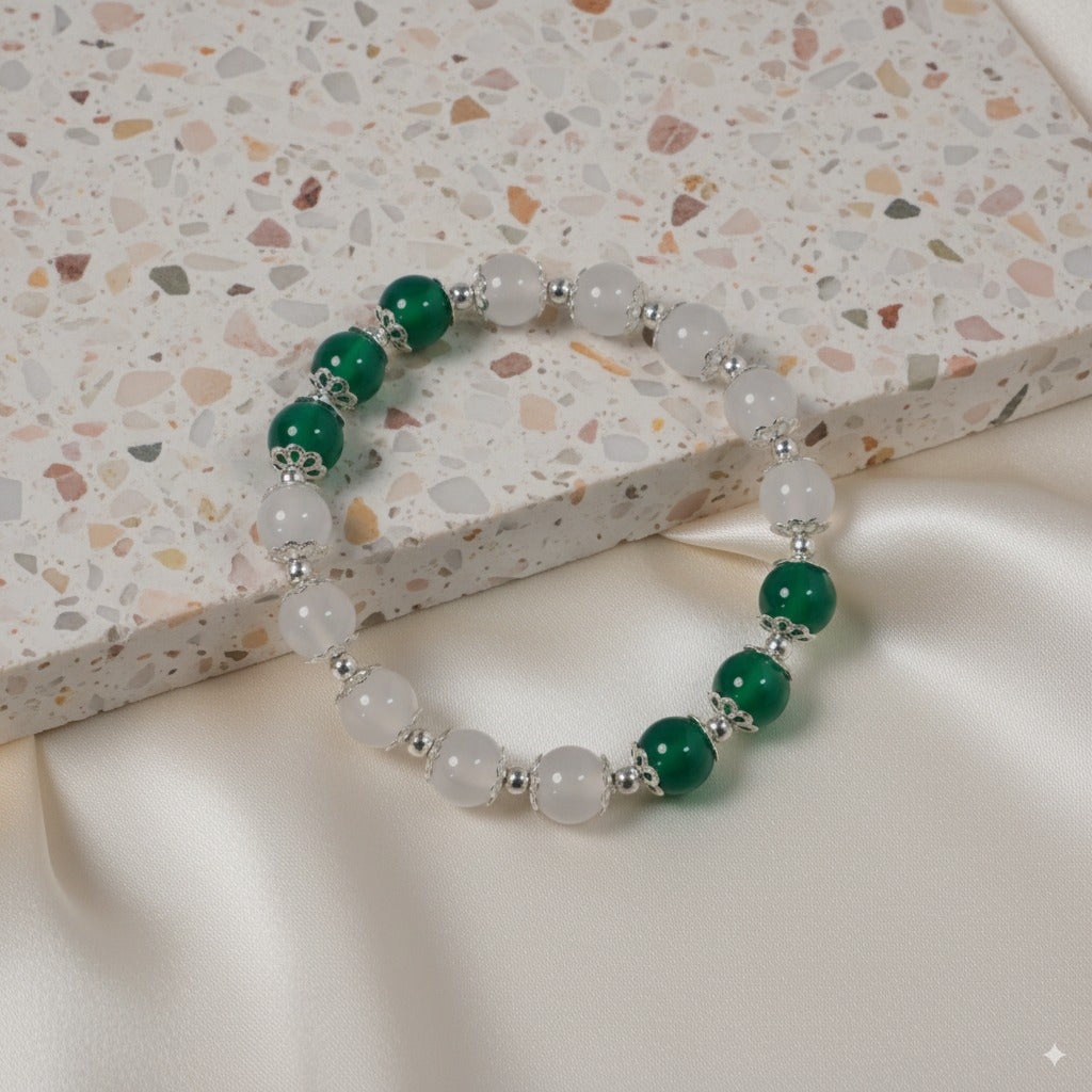 White chalcedony & green agate & 925 silver