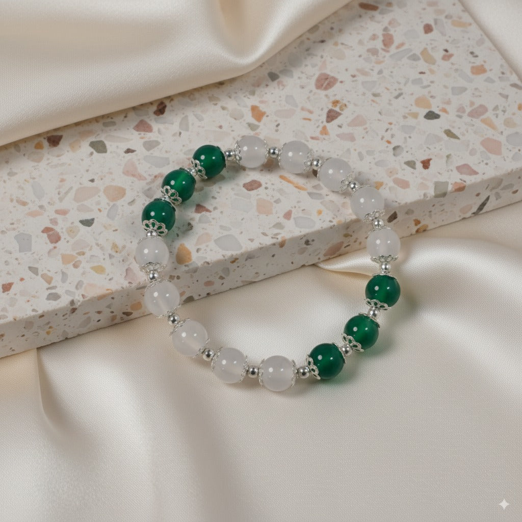White chalcedony & green agate & 925 silver