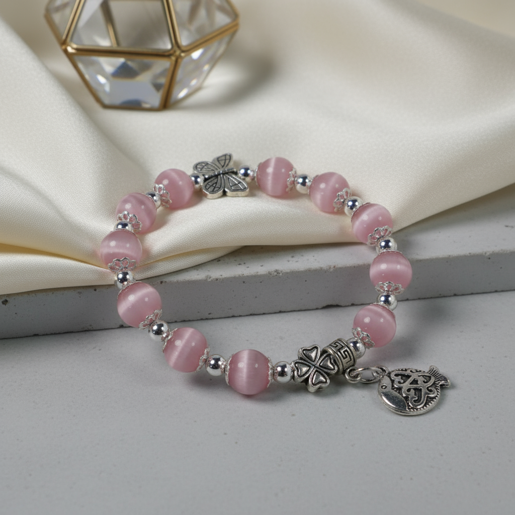 Pink cat's eye stone & Alloy silver-plated