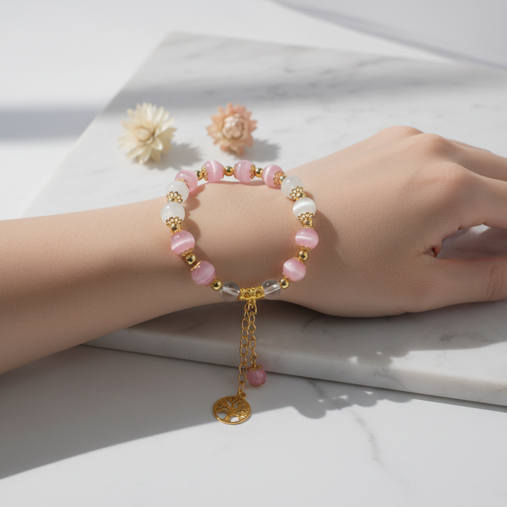 Pink cat's eye stone & white chalcedony