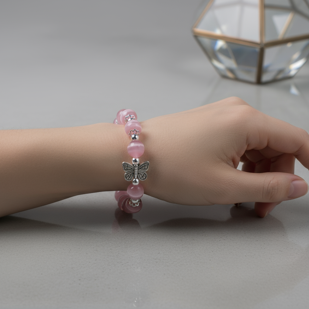 Pink cat's eye stone & Alloy silver-plated