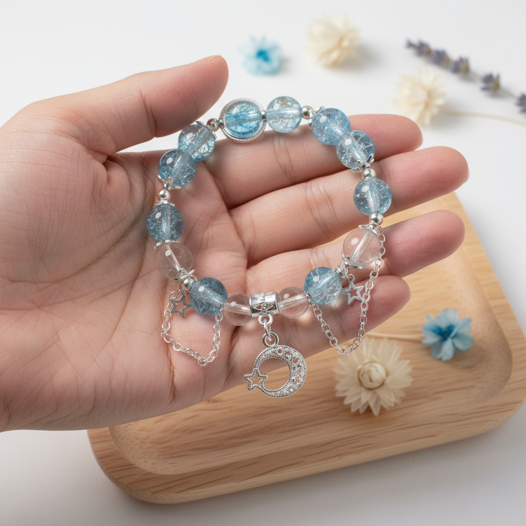 Ice-cracked blue glass bracelet