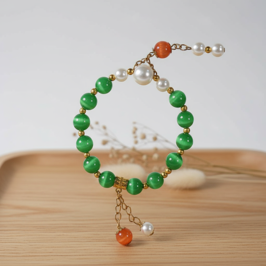 Green cat's eye stone & red agate & pearl