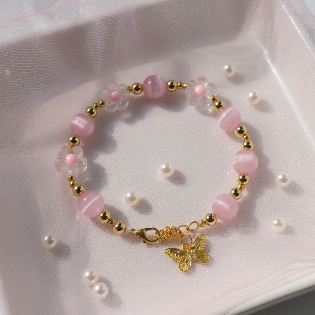 Pink cat's eye stone & alloy gold-plated & acrylic