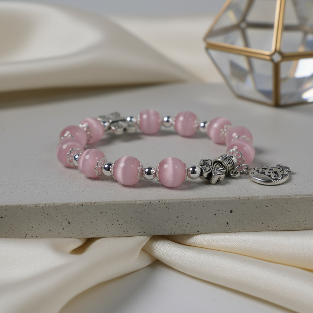 Pink cat's eye stone & Alloy silver-plated