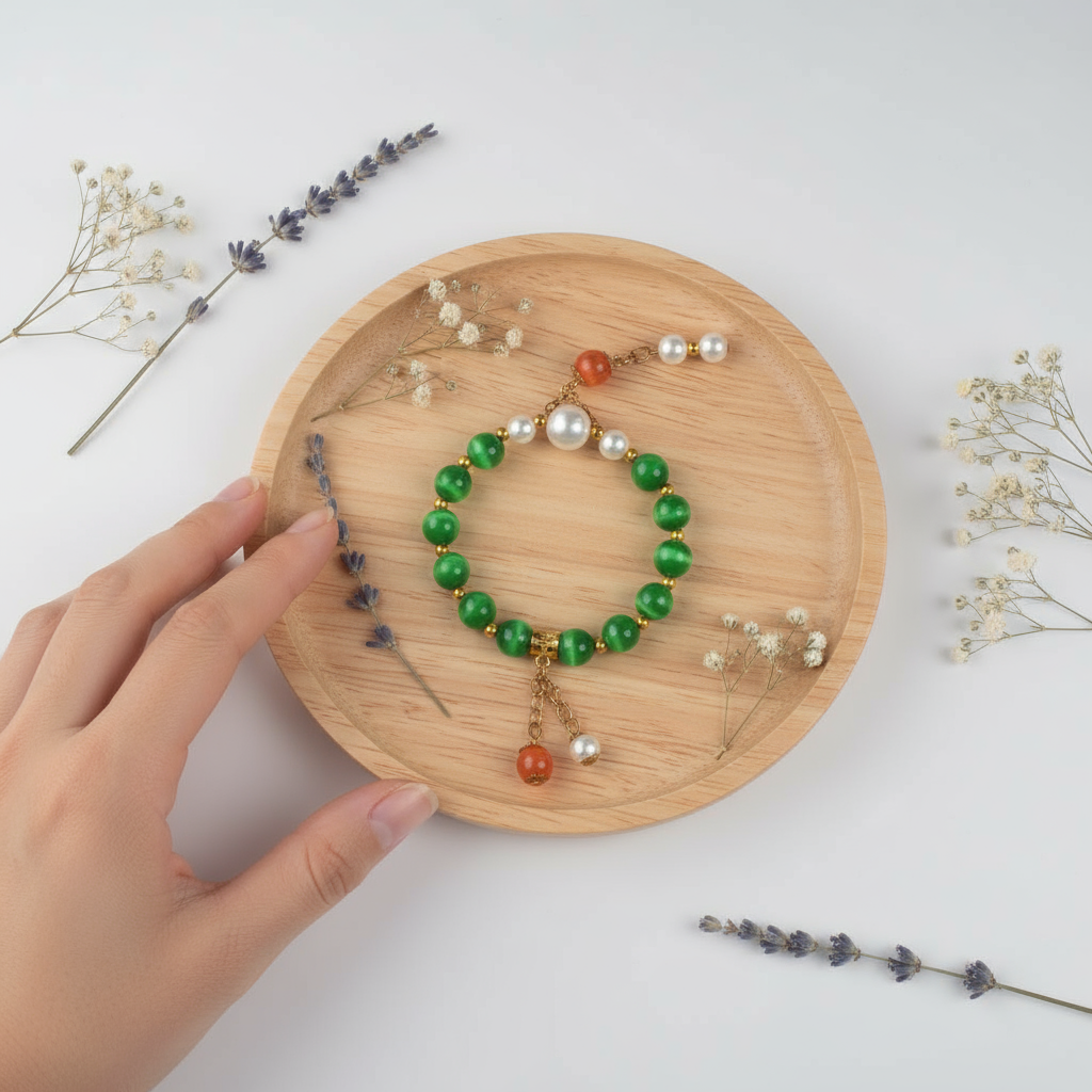 Green cat's eye stone & red agate & pearl