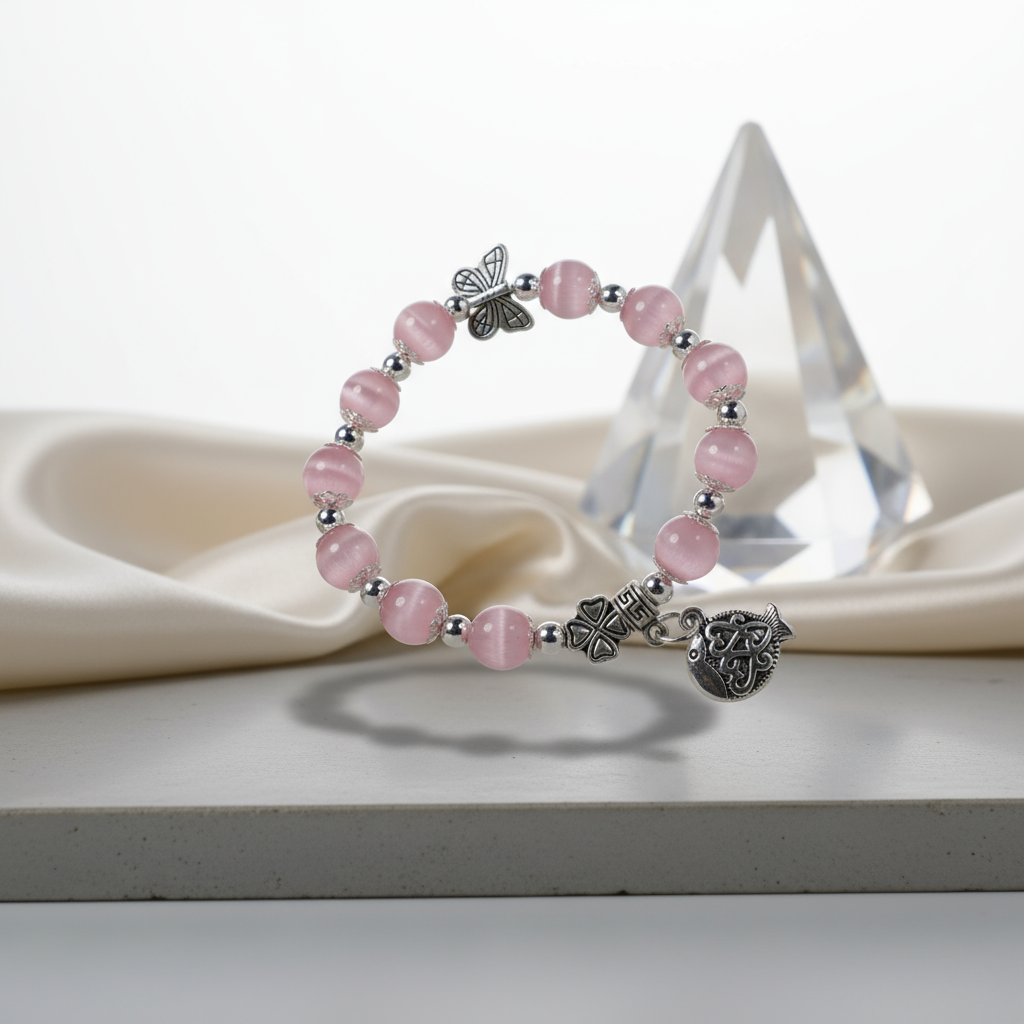 Pink cat's eye stone & Alloy silver-plated