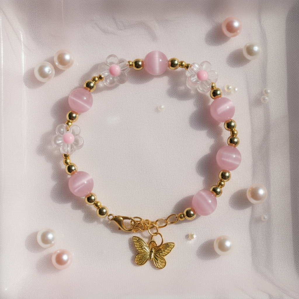 Pink cat's eye stone & alloy gold-plated & acrylic