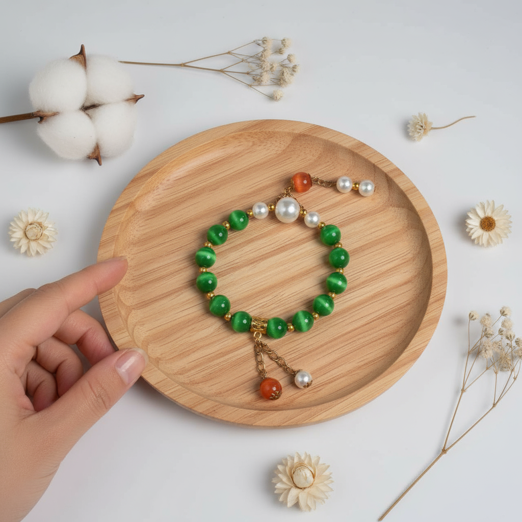 Green cat's eye stone & red agate & pearl