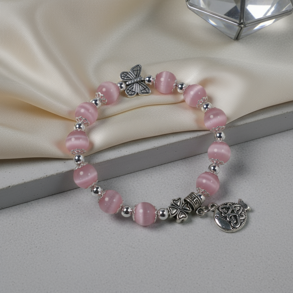 Pink cat's eye stone & Alloy silver-plated